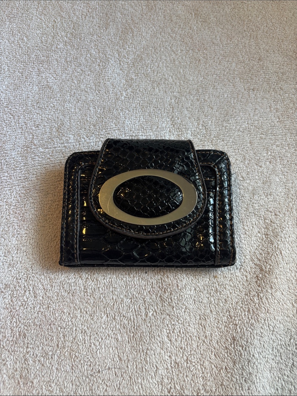 Black Patent Croc Card Wallet with Oval Metal Accent
